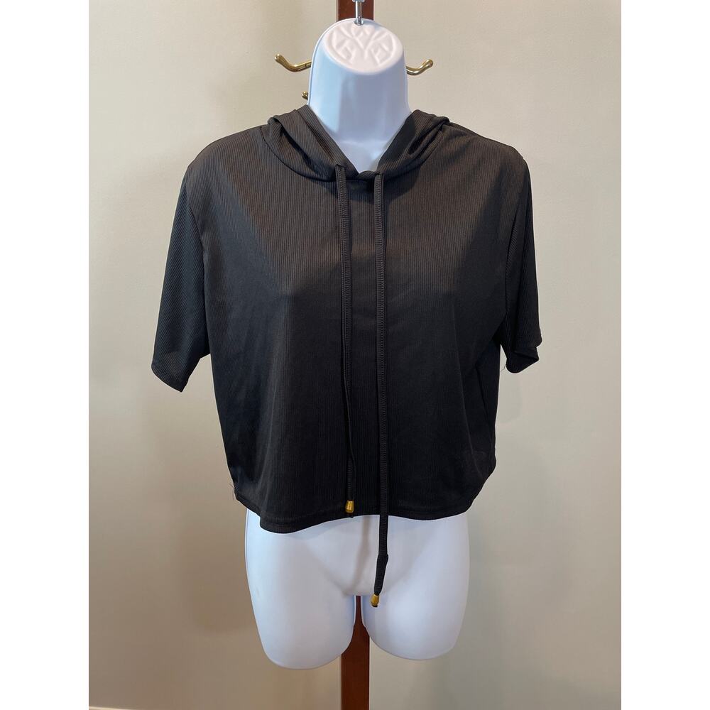 LIT26 Ribbed Hooded Crop Top NWT Size XL Black Short Sleeve